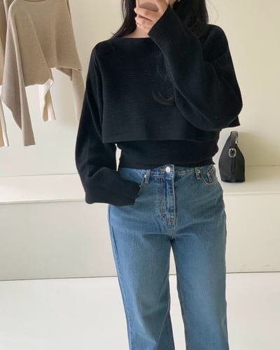 平口背心＋船領坑紋短版針織衫SET3