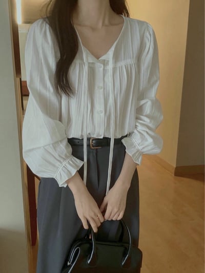 綁結領喇叭袖壓摺排釦襯衫7