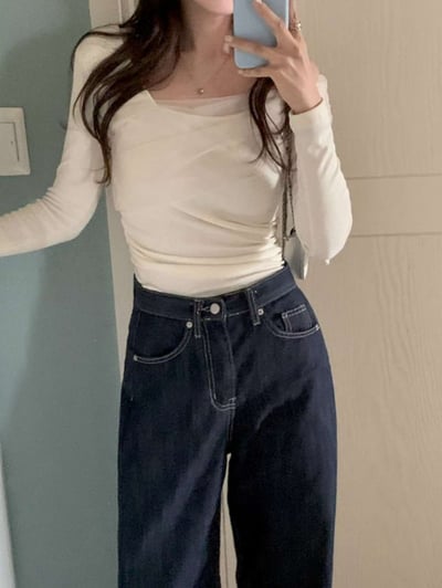 斜肩拼接網紗彈力薄針織衣4