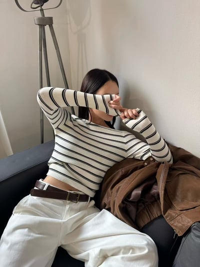 斜肩細坑條橫紋針織衣3