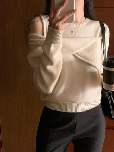 (客訂勿下單）前交叉紐結單肩鏤空薄款針織衫3