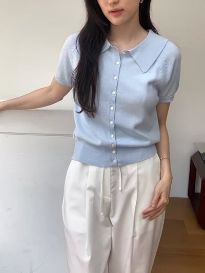 翻領排釦針織短T2