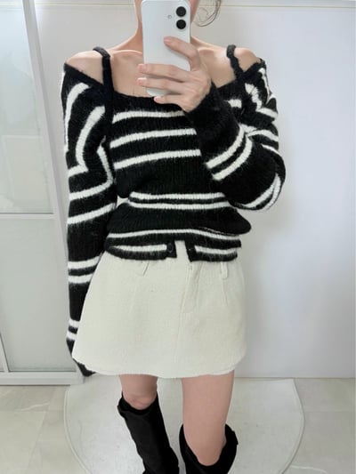 毛款條紋背心＋排釦外套SET4