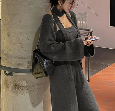 三件組｜平口抓皺背心＋開襟罩衫服綁帶＋鬆緊寬褲SET12