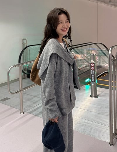 三件組｜Ｖ領針織衣＋披肩＋鬆緊寬褲SET11