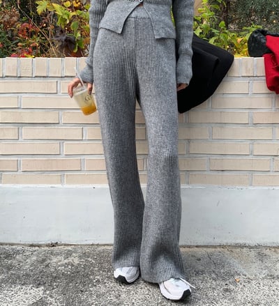 -2kg超顯瘦！Ｖ領坑紋針織衫+鬆緊長褲SET10