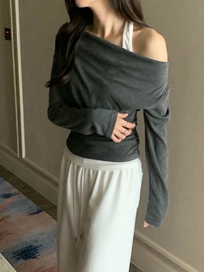 假兩件繞頸背心＋垂墜可斜肩上衣SET3