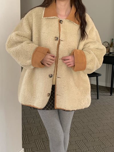 兩面穿！圓領麂皮毛毛中長款大衣2