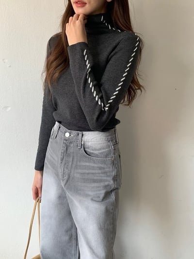 立體縫線滾邊高領打底針織衣1