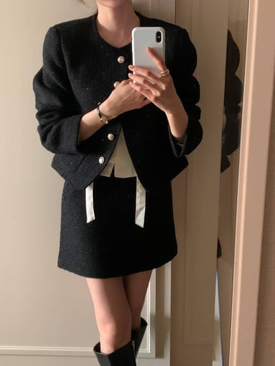 圓領銀扣金蔥小香外套＋織紋短裙SET4