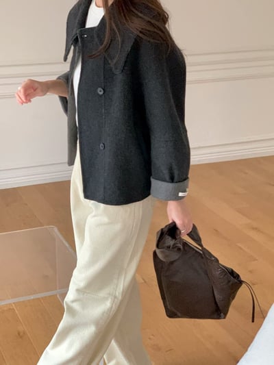 大翻領跳色反折袖手工羊毛外套（100%）9