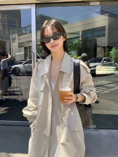 翻領雙大口袋長版拉鍊風衣3