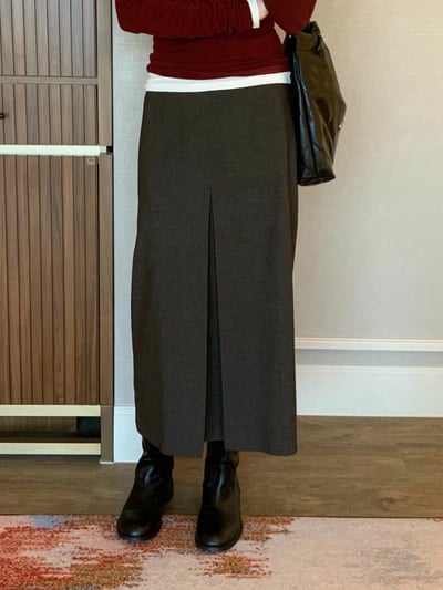 前打褶開衩造型磨毛長裙1