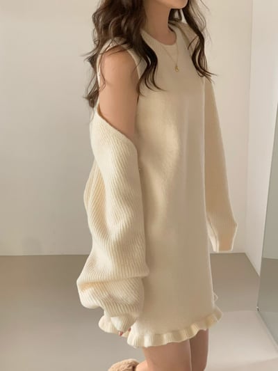 短版坑紋罩衫＋荷葉滾邊背心短洋SET11