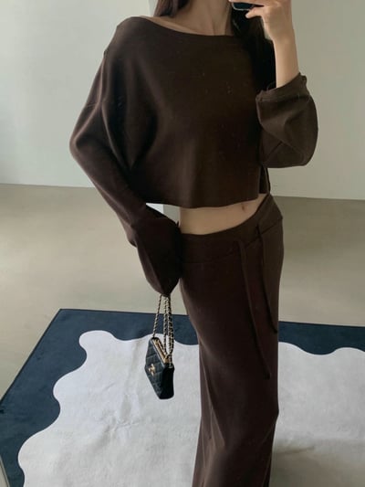 斜肩寬版短腰薄Ｔ+低腰抽繩長裙SET8