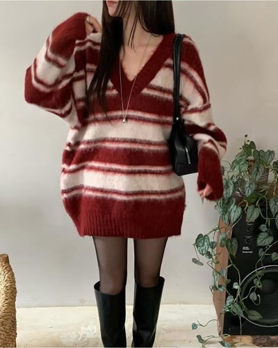 V領毛款橫條紋長版針織衣(羊毛20%)5