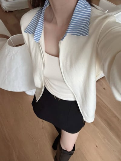 拼接直紋襯領雙拉鍊針織衫10