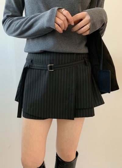 直紋西裝外套＋腰帶不規則短褲裙SET11