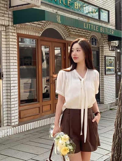 （客訂勿下單)綁結領前壓摺公主袖雪紡衫4