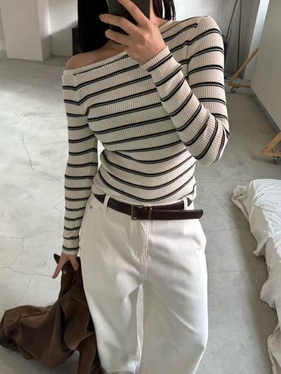 斜肩細坑條橫紋針織衣5