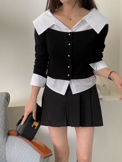 銀扣拼接襯衫翻領上衣3