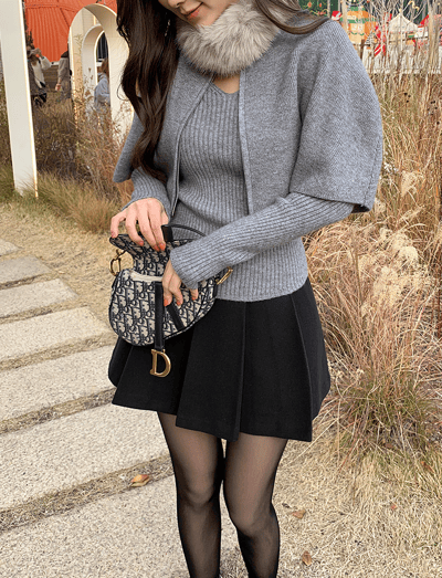 三件組｜Ｖ領坑紋針織衣+小斗篷＋可拆毛圈SET6