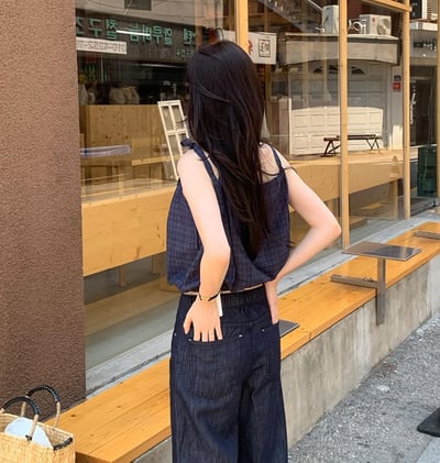 單邊綁結短版縮腰格紋棉麻上衣18