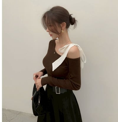 斜肩雪紡綁帶上衣4