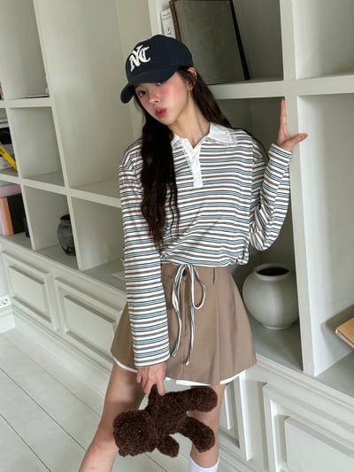 撞色蕾絲polo領配色條紋Ｔ7