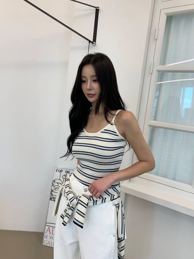 雙配色條紋背心＋排釦薄針織小外套SET10