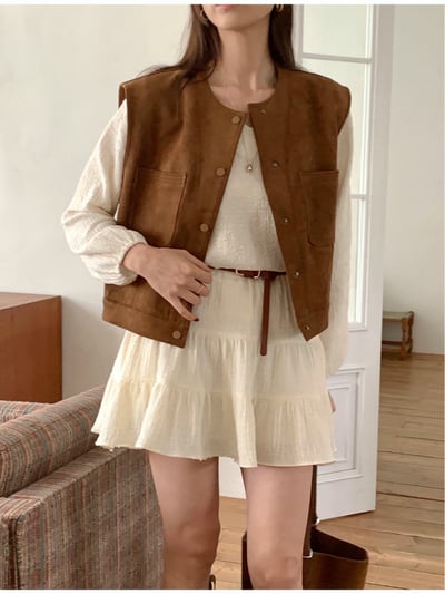 極簡圓領雙口袋麂皮背心12