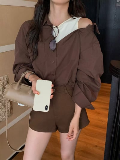 單邊露肩背心造型假兩件襯衫3