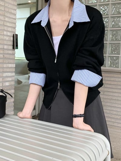 拼接直紋襯領雙拉鍊針織衫8