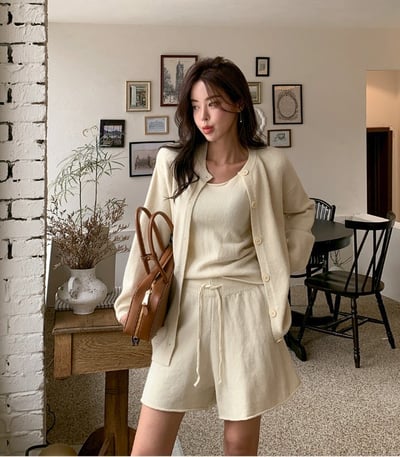 針織背心+抽繩三分短褲+排釦罩衫SET2