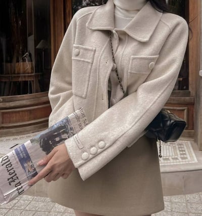 壓線雙口袋羊毛短版大衣外套4