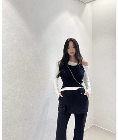 假兩件斜肩不規則雙層Ｔ3