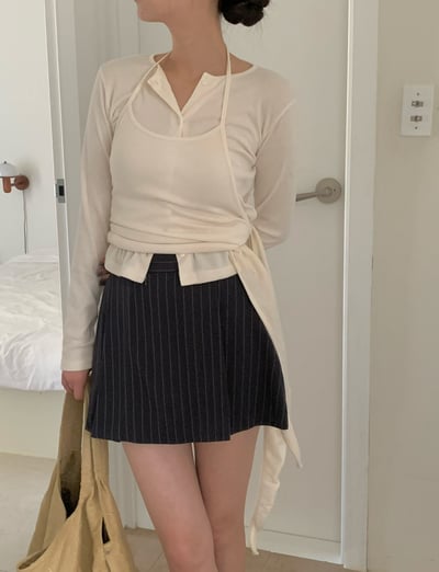 排釦開襟薄Ｔ＋側綁帶繞頸背心SET7