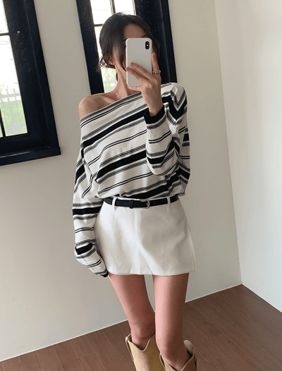 斜肩粗細薄款棉質長袖Ｔ3