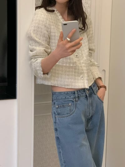 薄款花呢抽鬚短版珍珠釦小香外套4