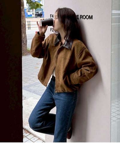 皮革領拼接絨面拉鍊夾克外2