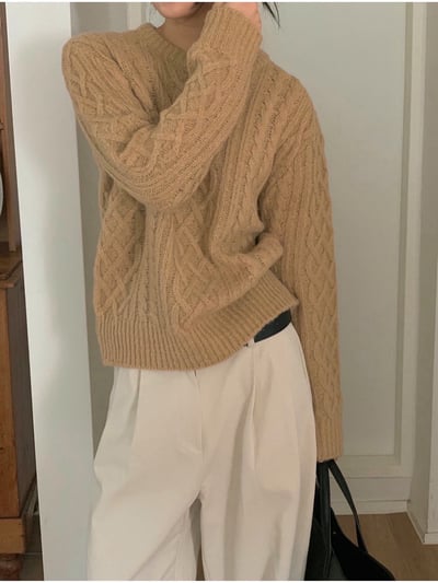 圓領經典麻花素色針織衣1