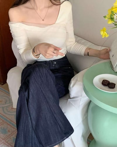 斜肩拼接網紗彈力薄針織衣3