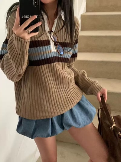 拼接襯衫領配色條紋粗勾針織衣2