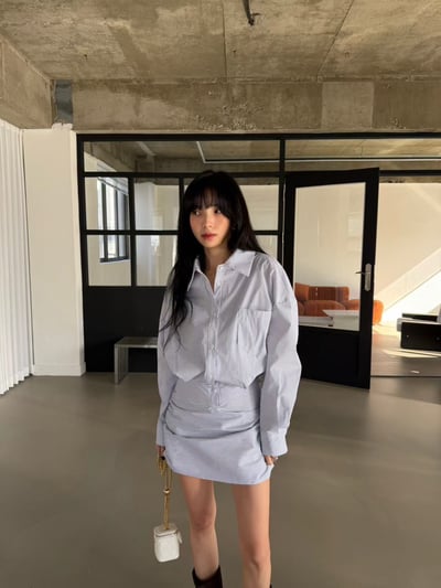 拼接側抓皺窄版裙直紋襯衫短洋2