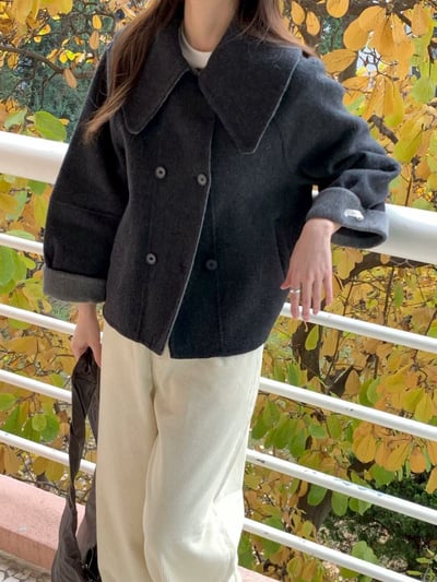 大翻領跳色反折袖手工羊毛外套（100%）8