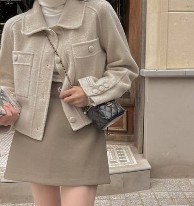 壓線雙口袋羊毛短版大衣外套2