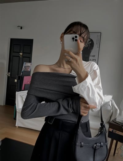 (客訂勿下單）不規則單斜肩拼接襯料上衣7