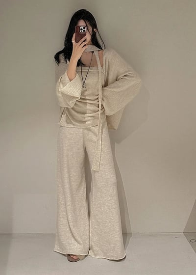 三件組｜平口抓皺背心＋開襟罩衫服綁帶＋鬆緊寬褲SET6