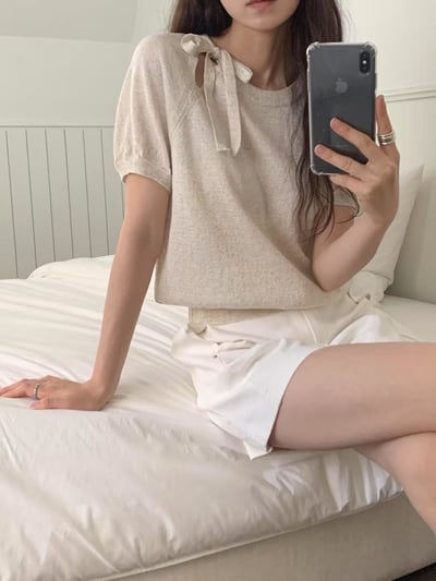 肩綁帶小公主袖針織短T1