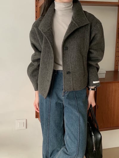 可高領簡約西裝版型手工羊毛外套（羊毛80%)3